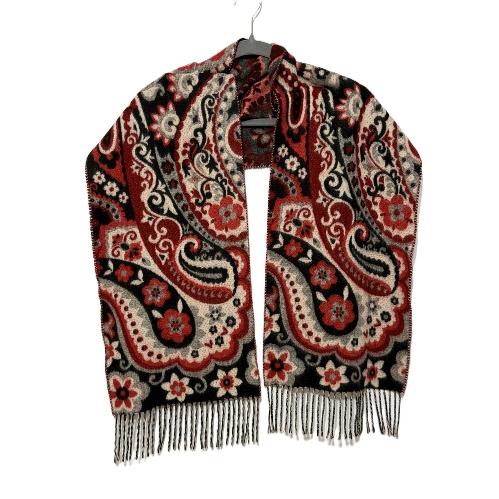 V. Fraas Cashmink Very Soft German Scarf Red Black Grey Paisley Floral Fringe